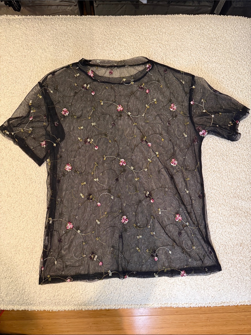 Black Sheer Mesh Short Sleeve Top with Pink Floral Embroidery